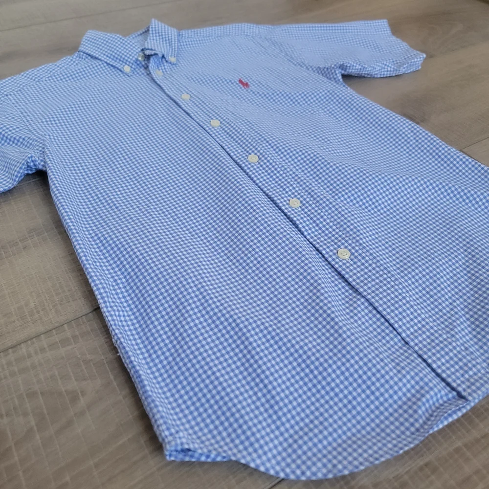Polo Ralph Lauren Boys Cotton Gingham Blue ShortS Button Down Shirt M 10-12 Prep